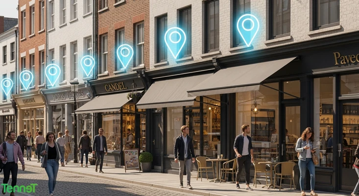 Byscene med digitale kartnåler som markerer lokale bedrifter for forbipasserende