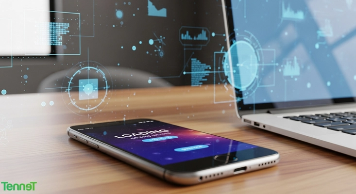 Smarttelefon som viser en rask og teknisk optimalisert nettside på et skrivebord