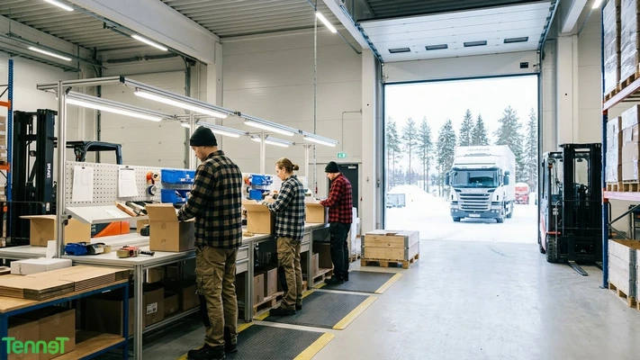Lagerarbeidere pakker varer i et norsk lagerlokale