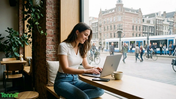 Person som arbeider effektivt på en laptop i en moderne kaffebar