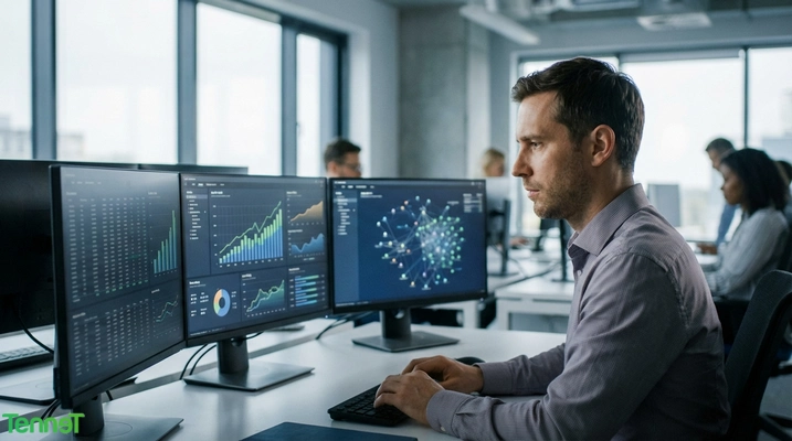 Dataanalytiker som studerer grafer på flere skjermer
