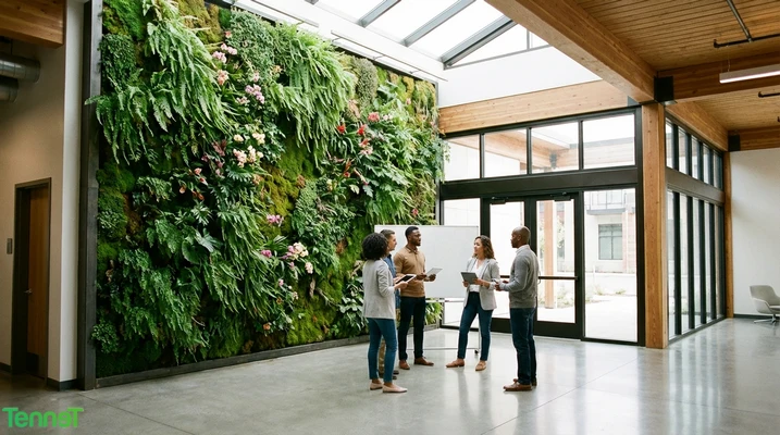 Møte i moderne kontor med grønn plantevegg