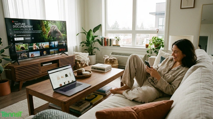 Person bruker mobil, laptop og TV i stue