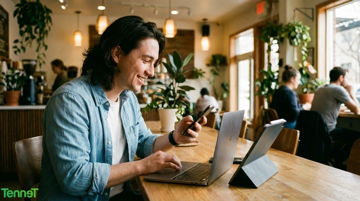 Person som bruker laptop og mobil samtidig på kafé