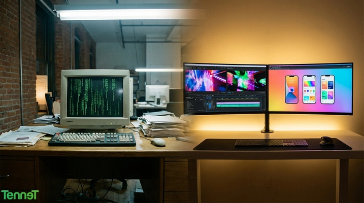 Utviklingen fra PC til multisjerm-oppsett.